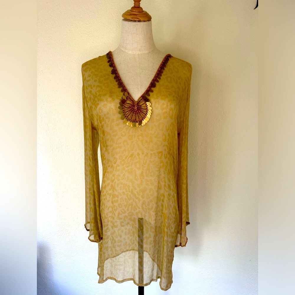 Leopard print sheer embellished Tunic by KafCannes on French Riviera size Small